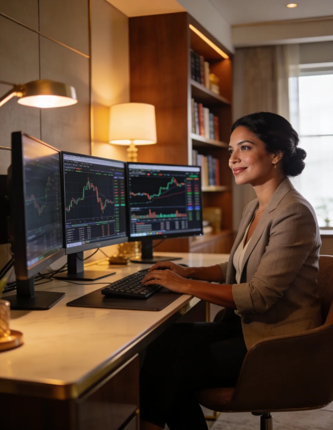 Trader profesional en su setup de múltiples pantallas